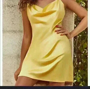 Like new Party cocktail yellow cowl sexy slip shiny spaghetti strap mini dress M